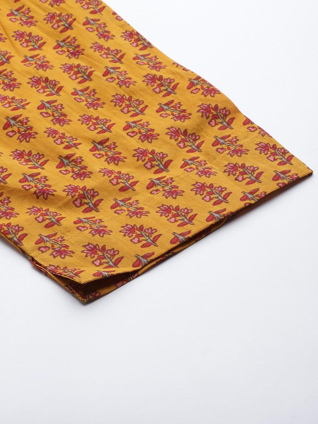 Mustard Cotton Floral Printed Kurta Pant Set | LASVINI - Redefining Indian Fashion with Elegance