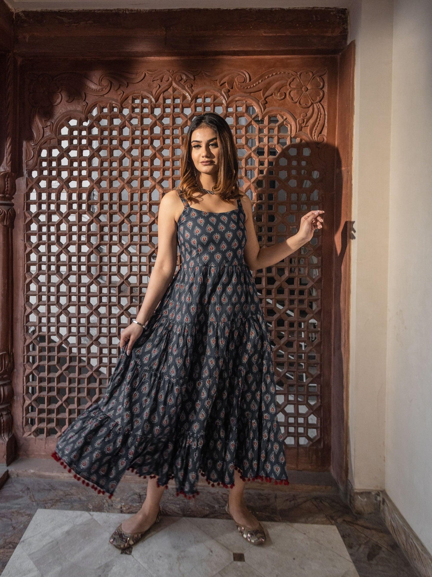 Navy Blue Buti Printed Shoulder Strip Long Dress | LASVINI - Redefining Indian Fashion with Elegance