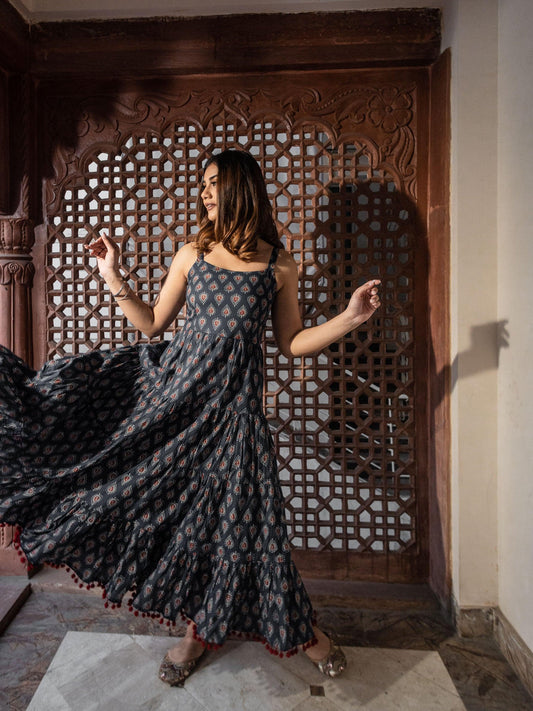 Navy Blue Buti Printed Shoulder Strip Long Dress | LASVINI - Redefining Indian Fashion with Elegance