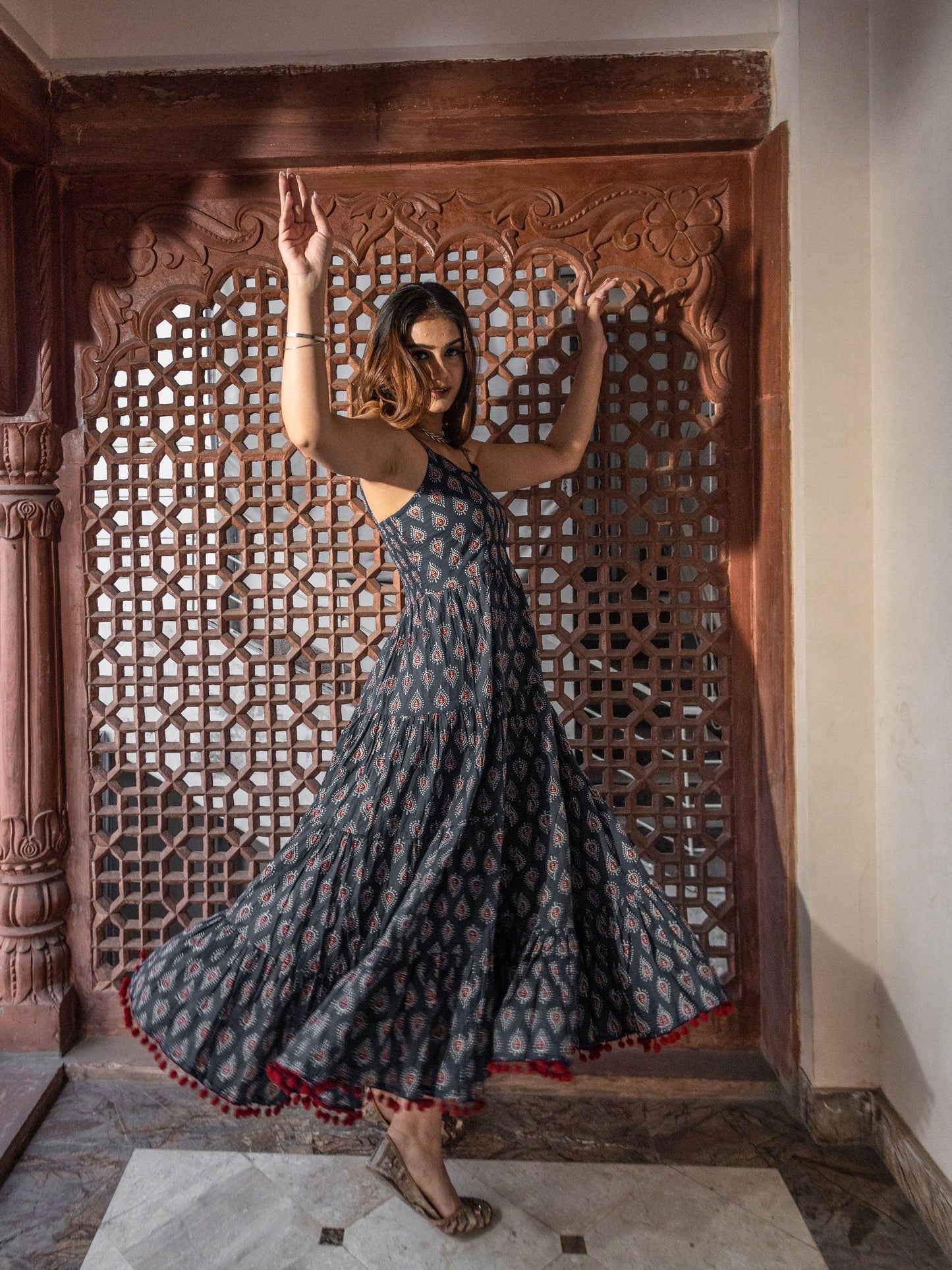 Navy Blue Buti Printed Shoulder Strip Long Dress | LASVINI - Redefining Indian Fashion with Elegance