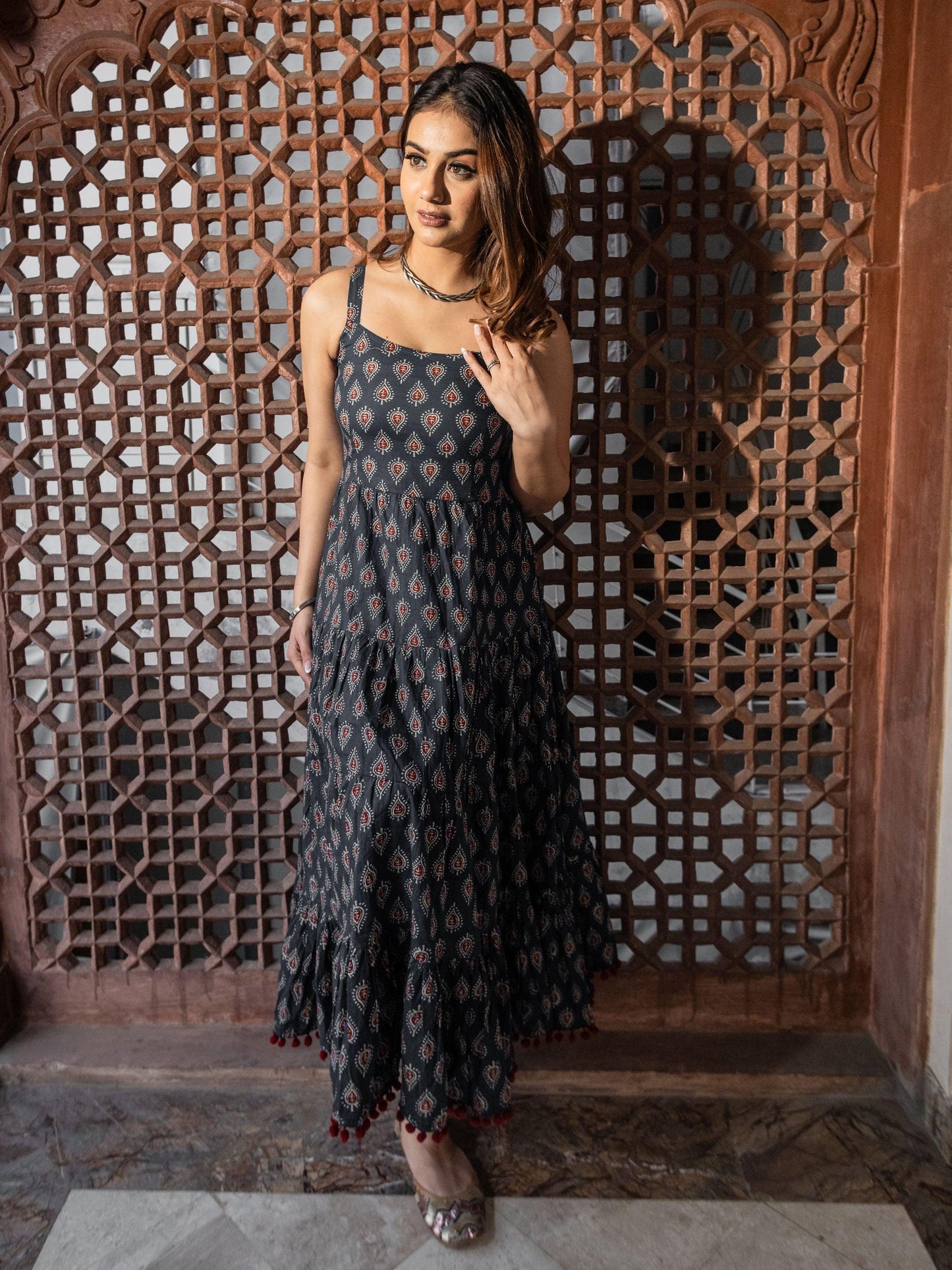 Navy Blue Buti Printed Shoulder Strip Long Dress | LASVINI - Redefining Indian Fashion with Elegance
