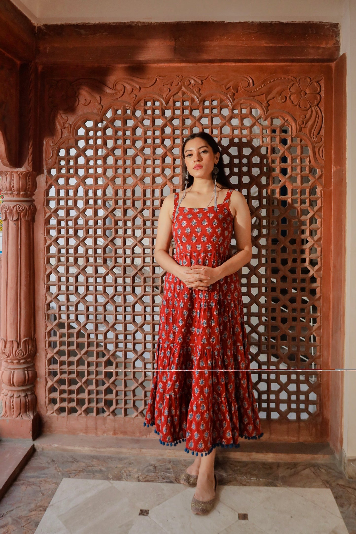 Maroon Buti Printed Shoulder Strip Long Dress | LASVINI - Redefining Indian Fashion with Elegance