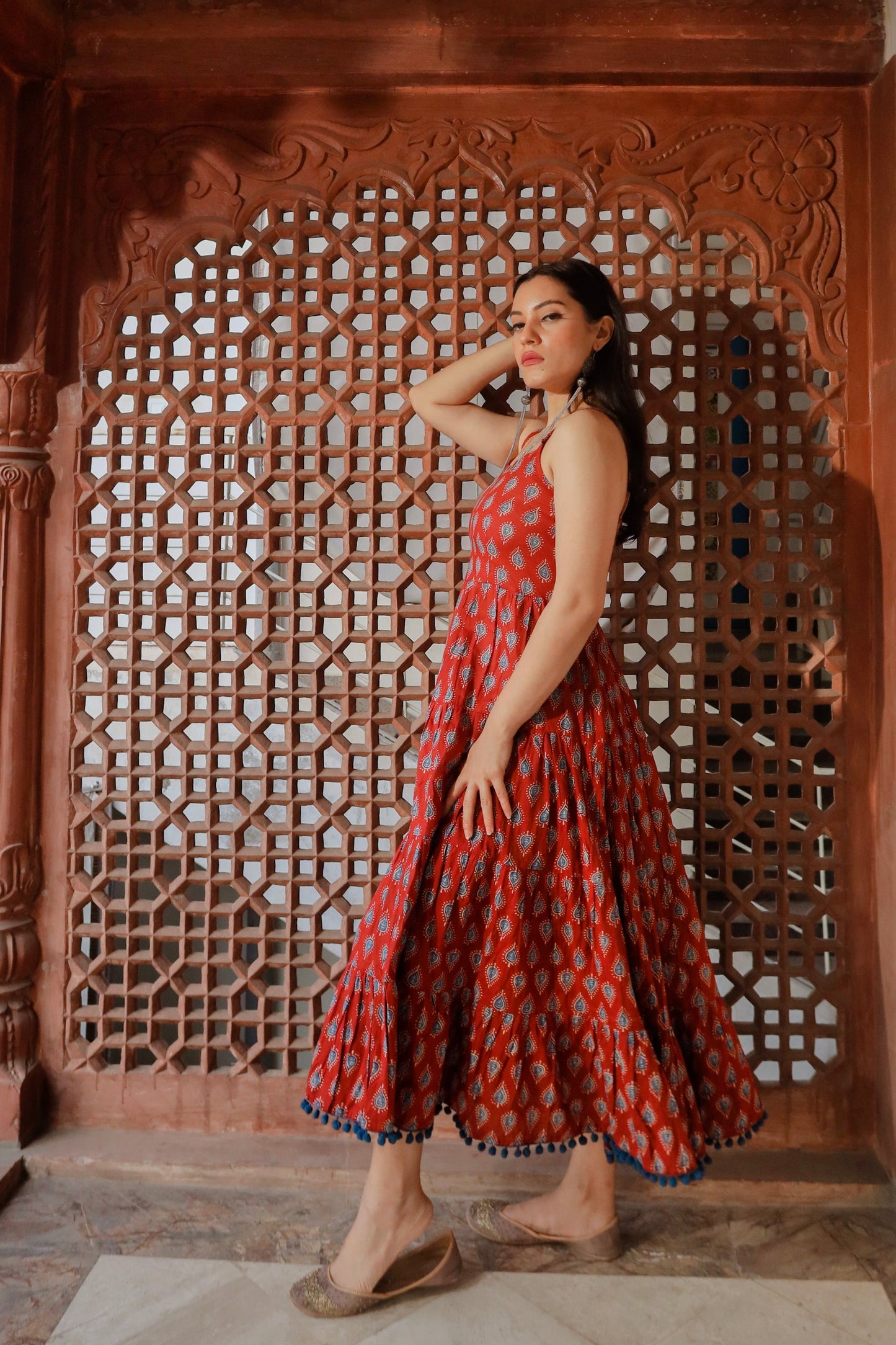 Maroon Buti Printed Shoulder Strip Long Dress | LASVINI - Redefining Indian Fashion with Elegance