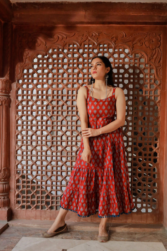 Maroon Buti Printed Shoulder Strip Long Dress | LASVINI - Redefining Indian Fashion with Elegance