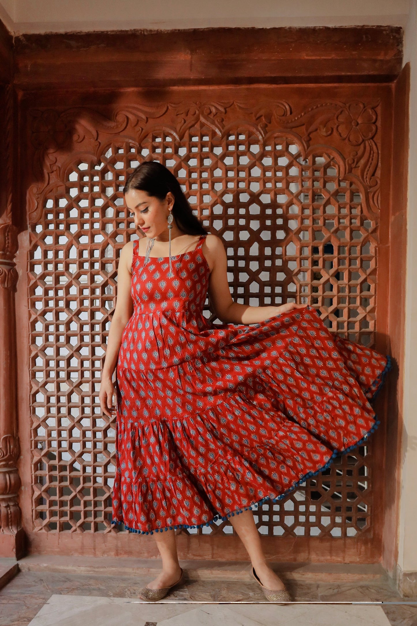 Maroon Buti Printed Shoulder Strip Long Dress | LASVINI - Redefining Indian Fashion with Elegance
