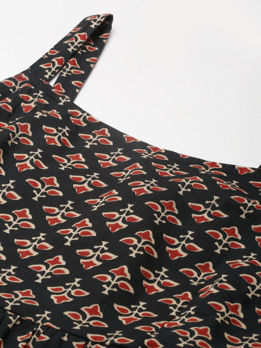 Black Floral Printed Shoulder Strip Long Dress | LASVINI - Redefining Indian Fashion with Elegance