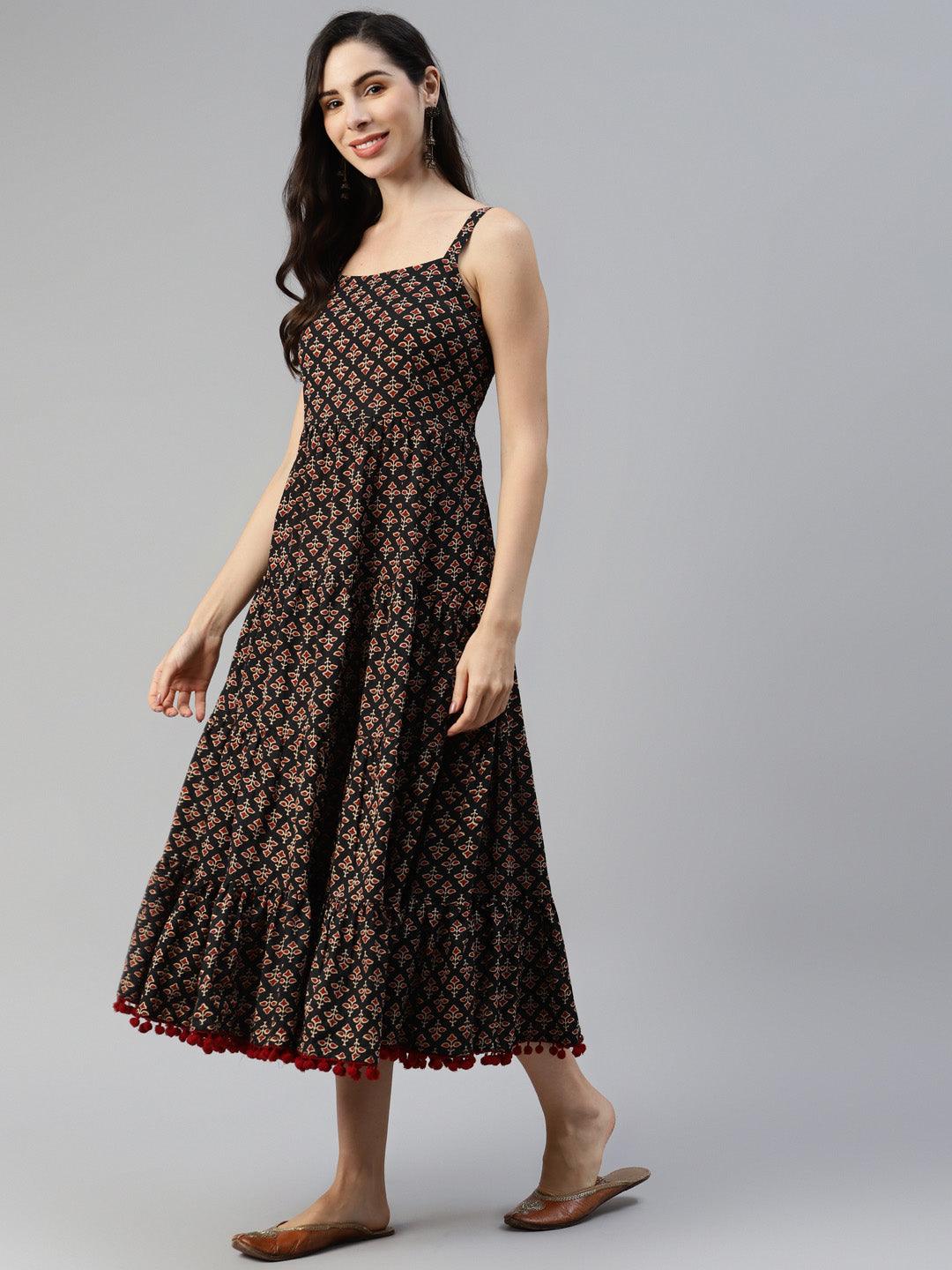 Black Floral Printed Shoulder Strip Long Dress | LASVINI - Redefining Indian Fashion with Elegance