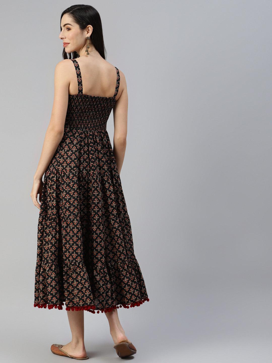 Black Floral Printed Shoulder Strip Long Dress | LASVINI - Redefining Indian Fashion with Elegance