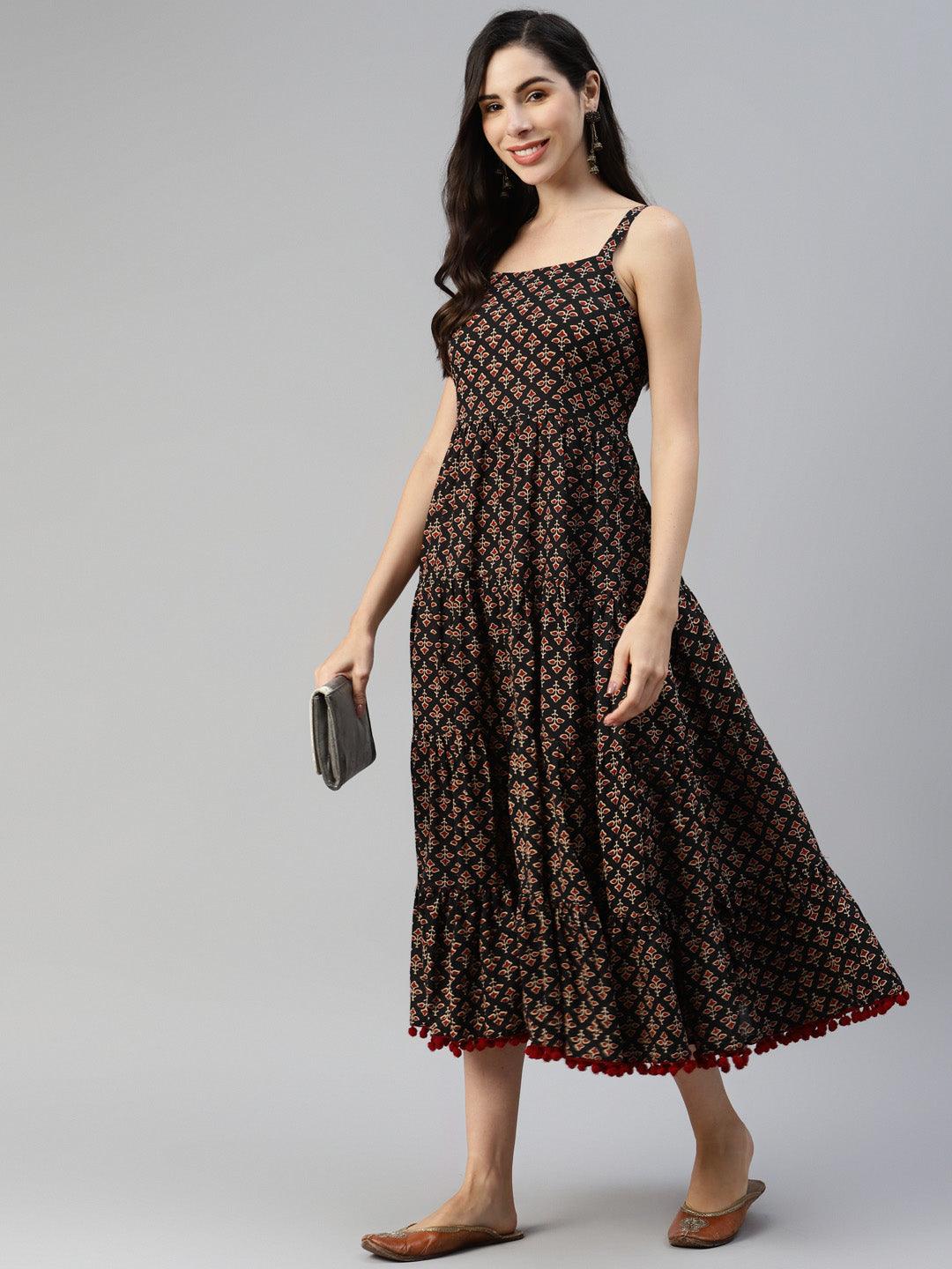 Black Floral Printed Shoulder Strip Long Dress | LASVINI - Redefining Indian Fashion with Elegance