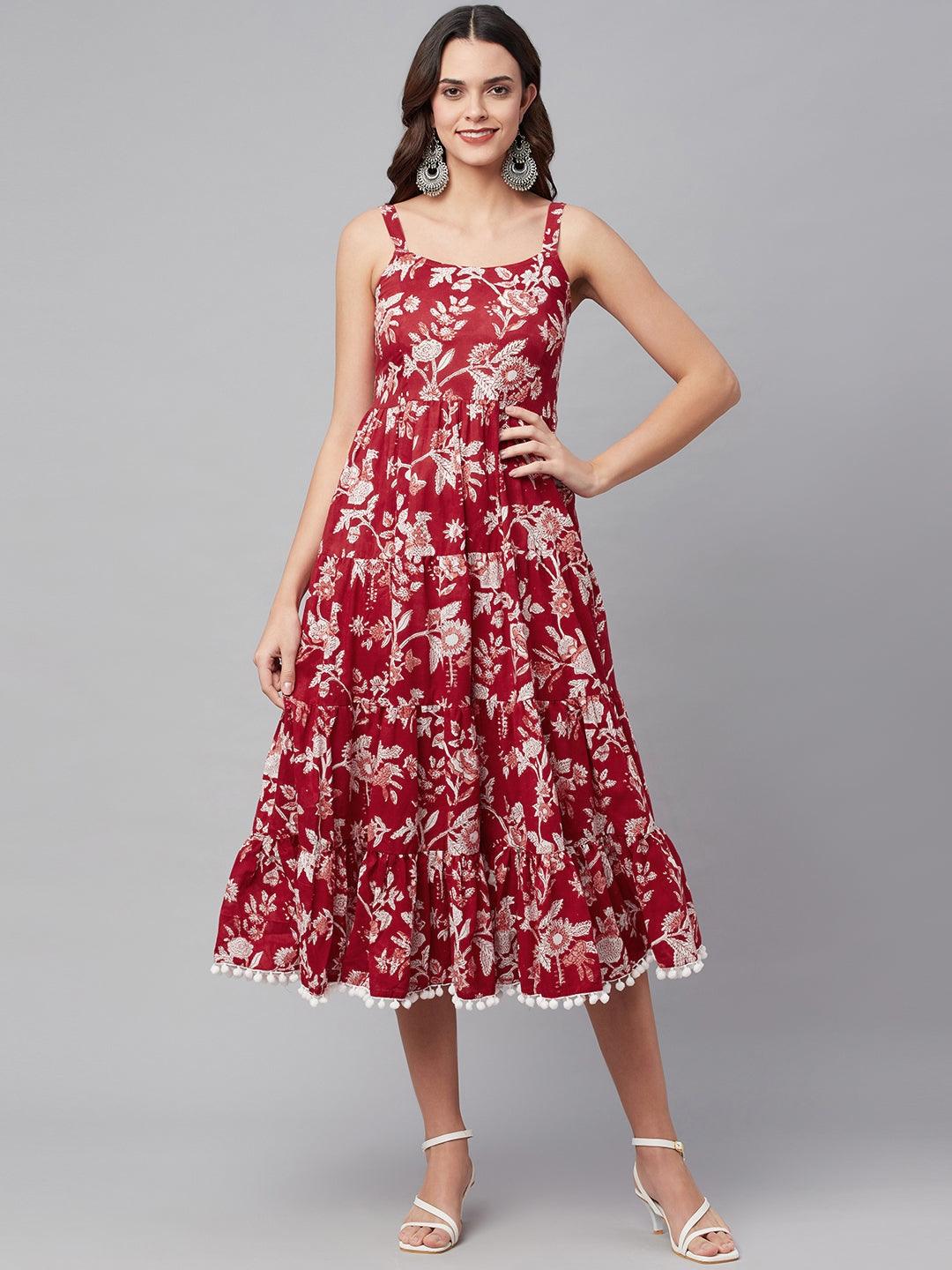 Red Floral Printed Shoulder Strap Long Dress | LASVINI - Redefining Indian Fashion with Elegance