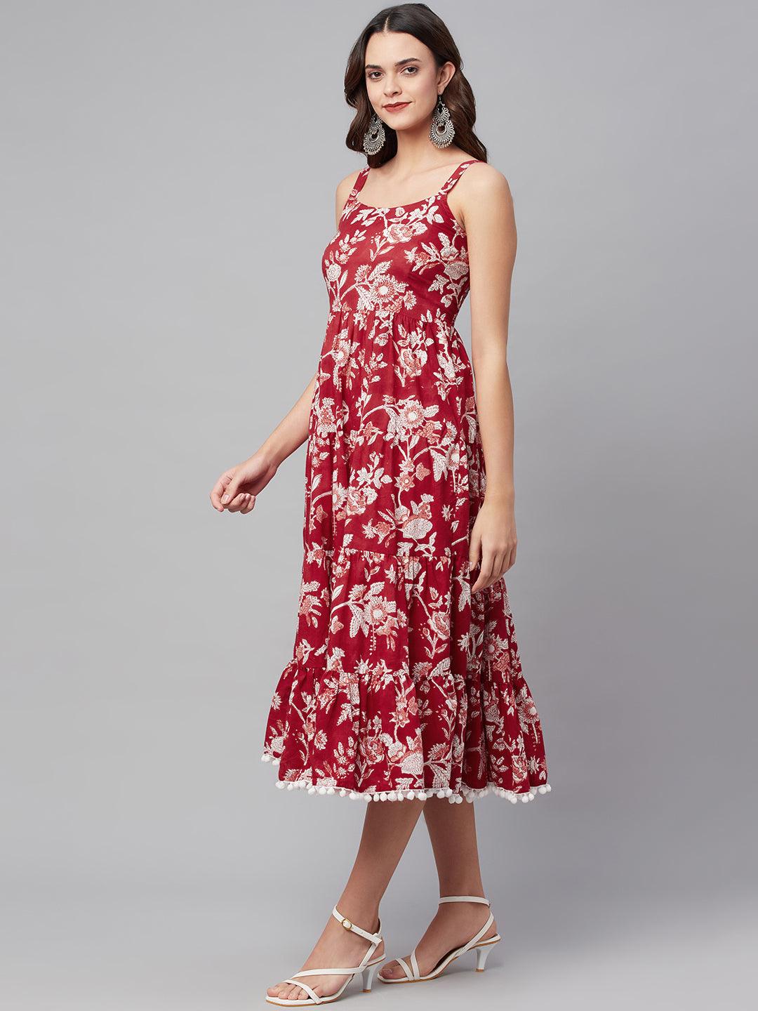 Red Floral Printed Shoulder Strap Long Dress | LASVINI - Redefining Indian Fashion with Elegance