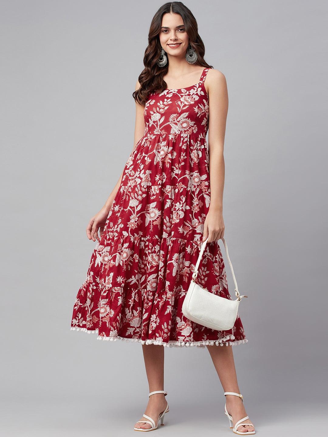 Red Floral Printed Shoulder Strap Long Dress | LASVINI - Redefining Indian Fashion with Elegance