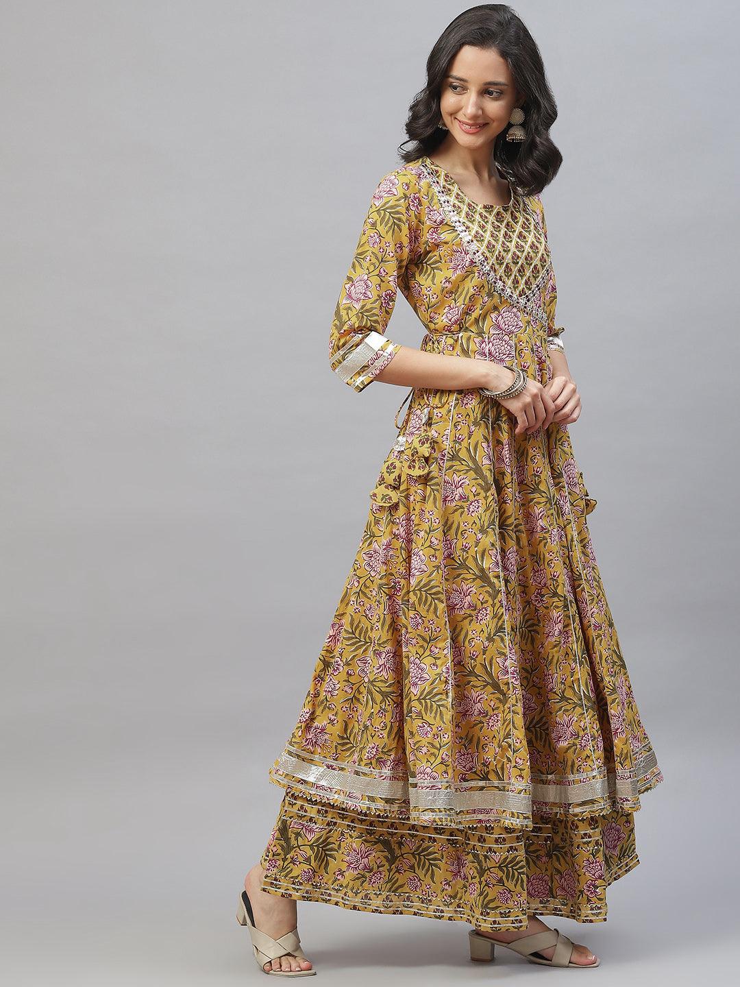 Mustard Cotton Anarkali Kurta Palazzo Set With Dupatta | LASVINI - Redefining Indian Fashion with Elegance