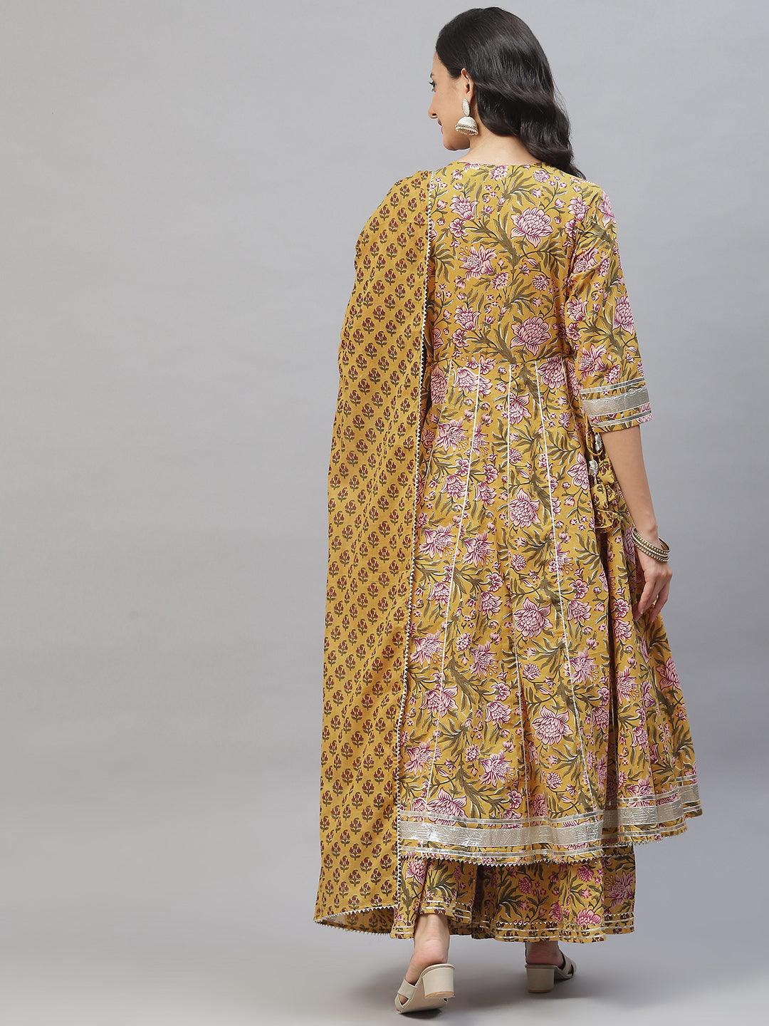 Mustard Cotton Anarkali Kurta Palazzo Set With Dupatta | LASVINI - Redefining Indian Fashion with Elegance
