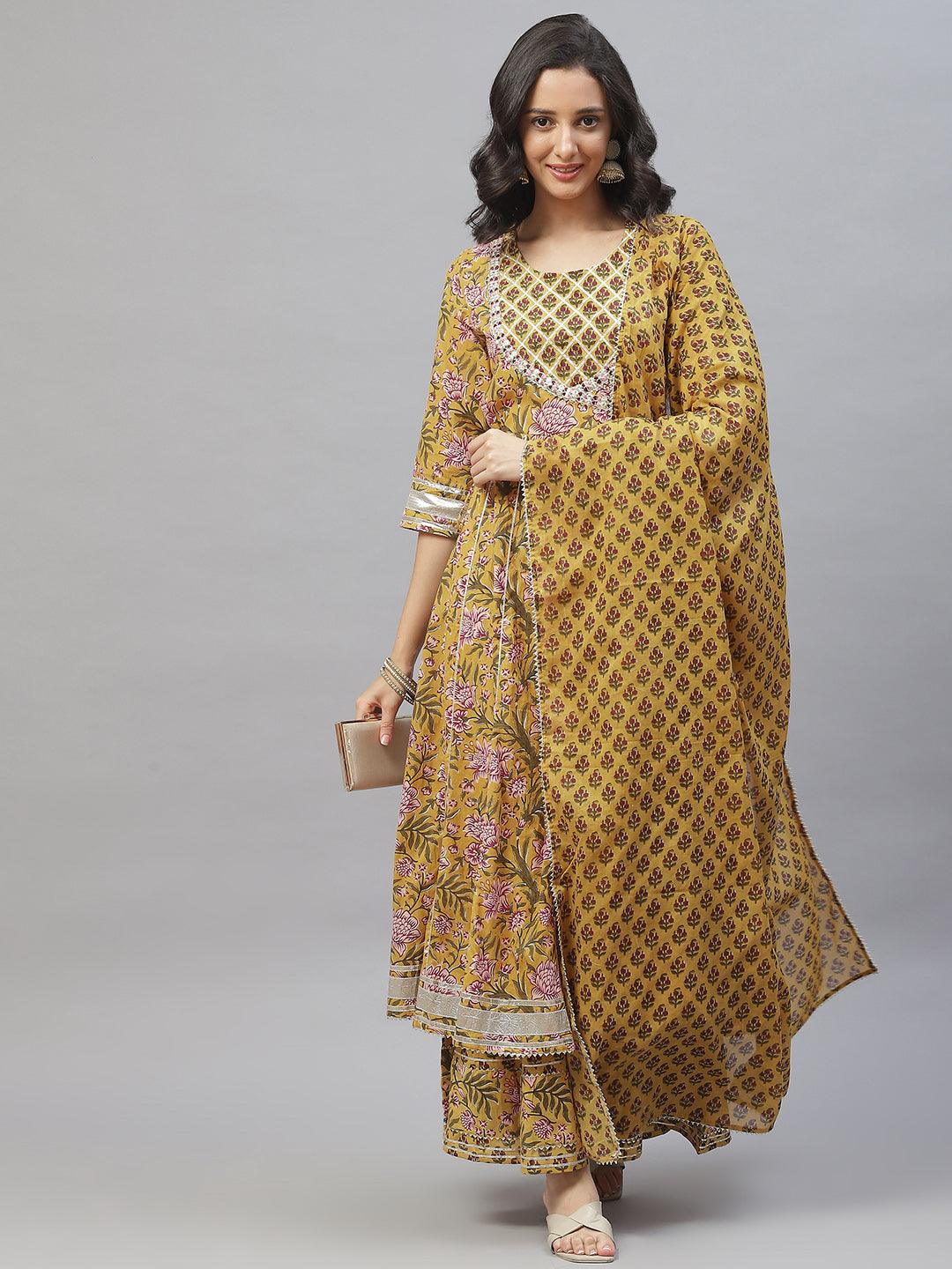 Mustard Cotton Anarkali Kurta Palazzo Set With Dupatta | LASVINI - Redefining Indian Fashion with Elegance