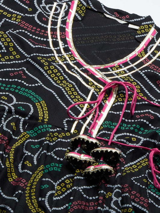 Black Bandhani Print Anarkali Kurta Pant Set With Dupatta | LASVINI - Redefining Indian Fashion with Elegance
