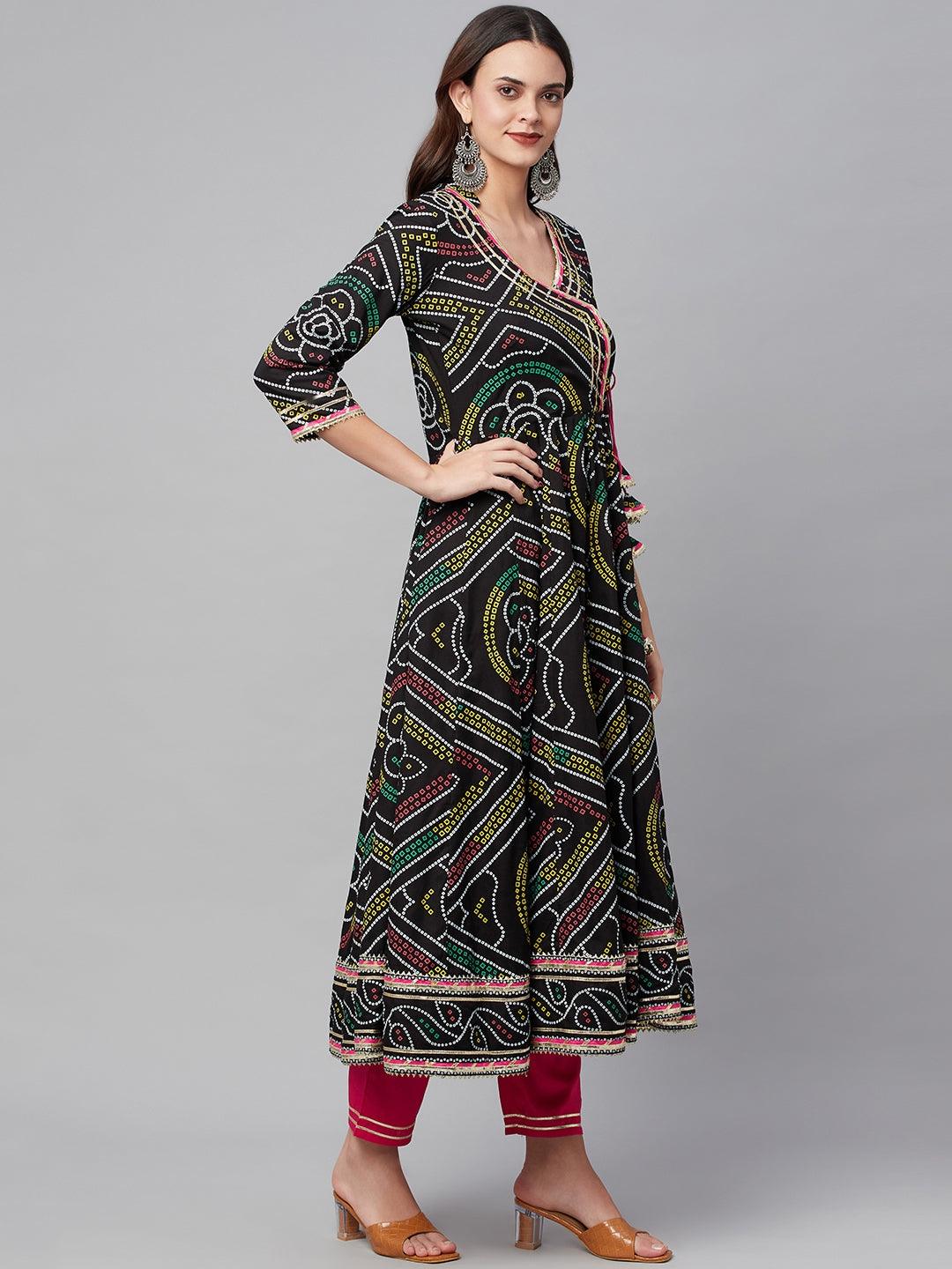 Black Bandhani Print Anarkali Kurta Pant Set With Dupatta | LASVINI - Redefining Indian Fashion with Elegance