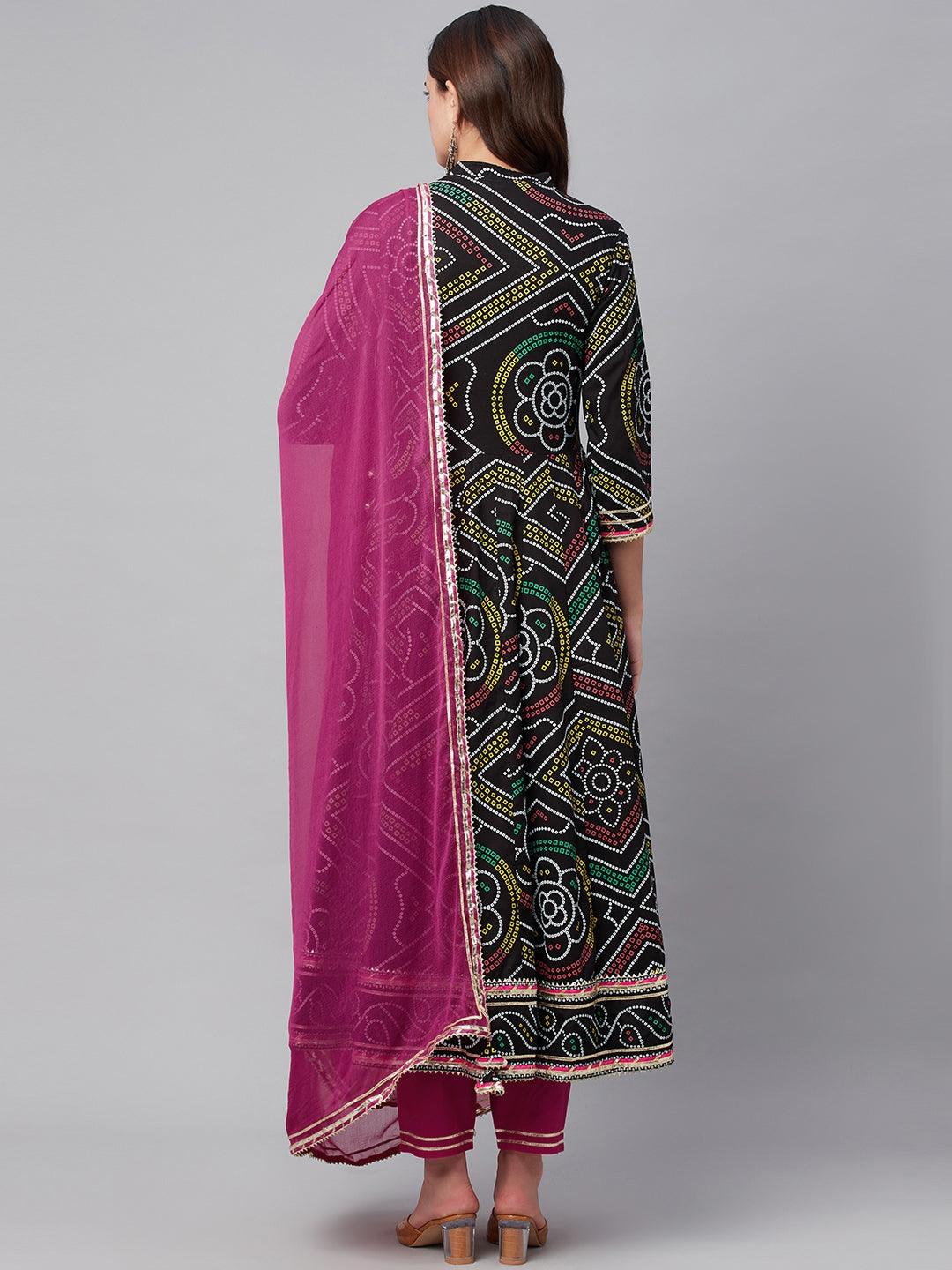 Black Bandhani Print Anarkali Kurta Pant Set With Dupatta | LASVINI - Redefining Indian Fashion with Elegance
