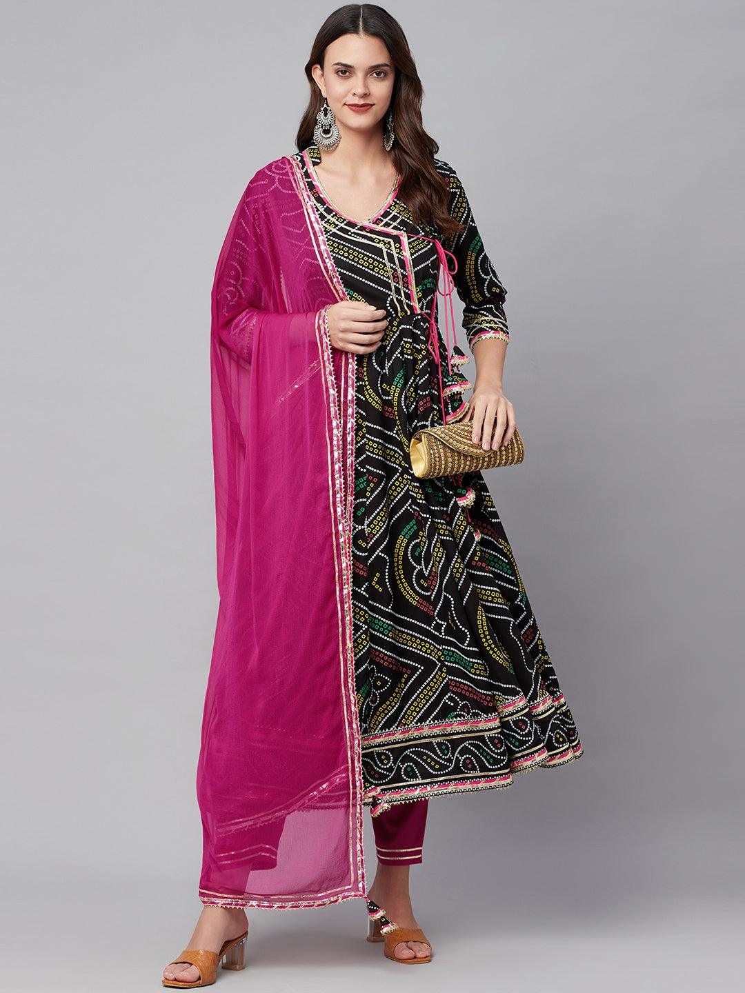 Black Bandhani Print Anarkali Kurta Pant Set With Dupatta | LASVINI - Redefining Indian Fashion with Elegance