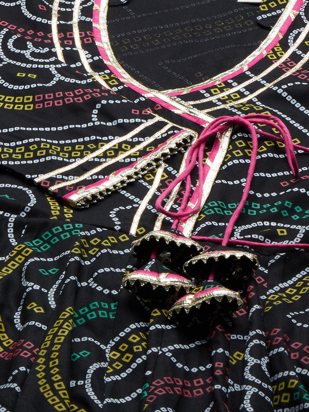 Black Bandhani Print Anarkali Kurta Pant Set With Dupatta | LASVINI - Redefining Indian Fashion with Elegance