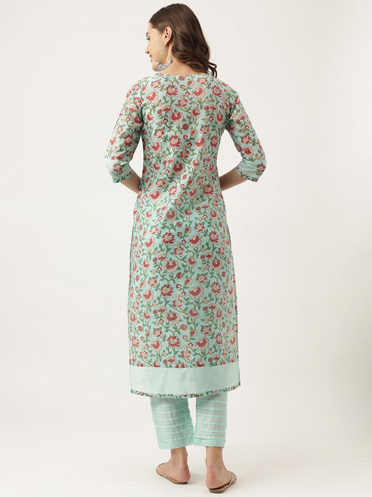 Green Chanderi Floral Printed Kurta With Trouser Set | LASVINI - Redefining Indian Fashion with Elegance