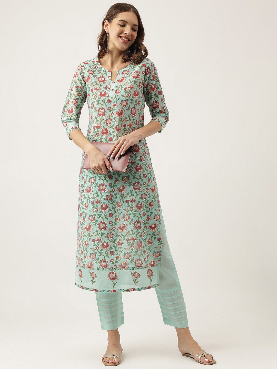 Green Chanderi Floral Printed Kurta With Trouser Set | LASVINI - Redefining Indian Fashion with Elegance