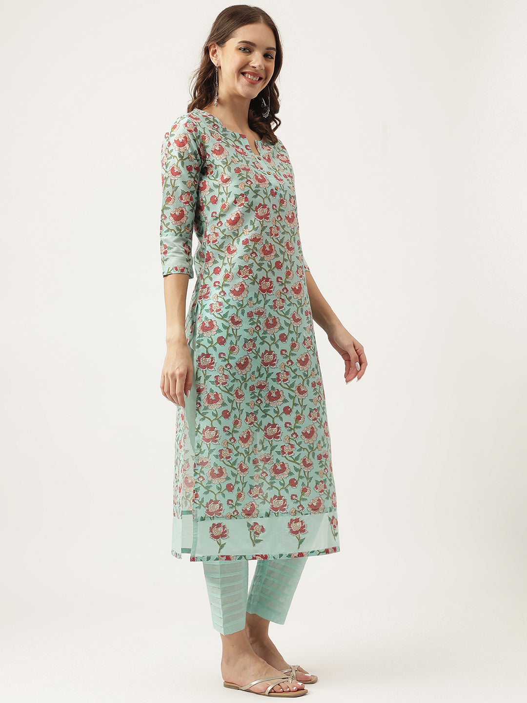 Green Chanderi Floral Printed Kurta With Trouser Set | LASVINI - Redefining Indian Fashion with Elegance