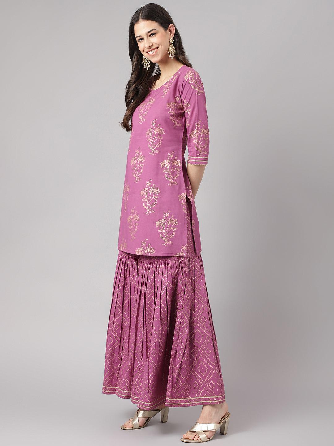 Purple Foil Print Cotton Sharara Set With Dupatta | LASVINI - Redefining Indian Fashion with Elegance