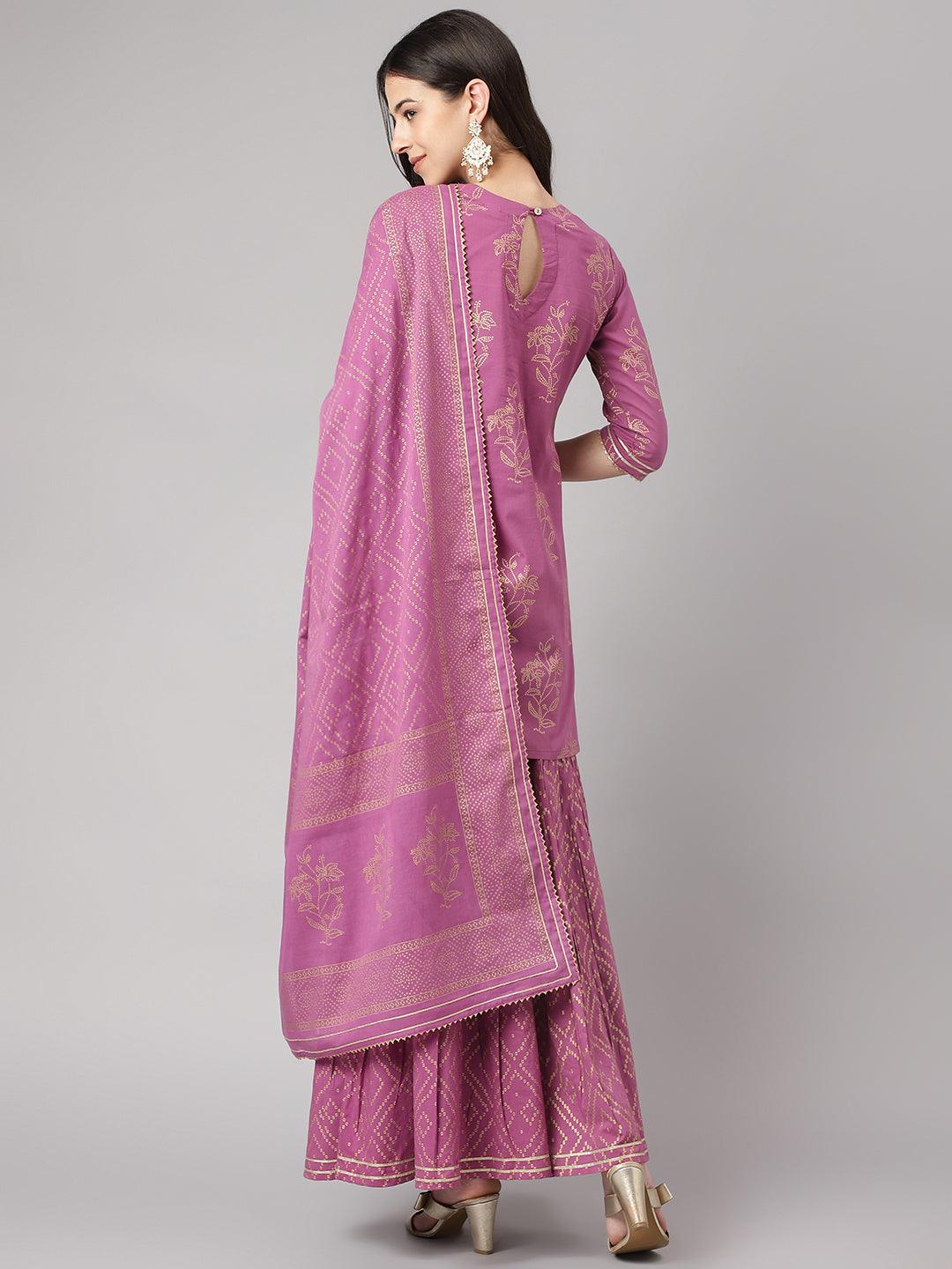 Purple Foil Print Cotton Sharara Set With Dupatta | LASVINI - Redefining Indian Fashion with Elegance