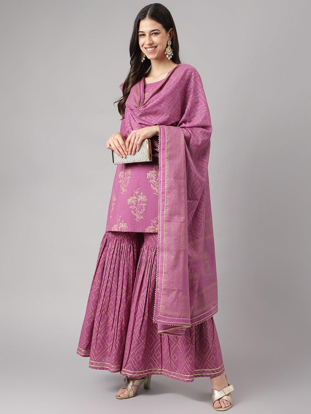 Purple Foil Print Cotton Sharara Set With Dupatta | LASVINI - Redefining Indian Fashion with Elegance
