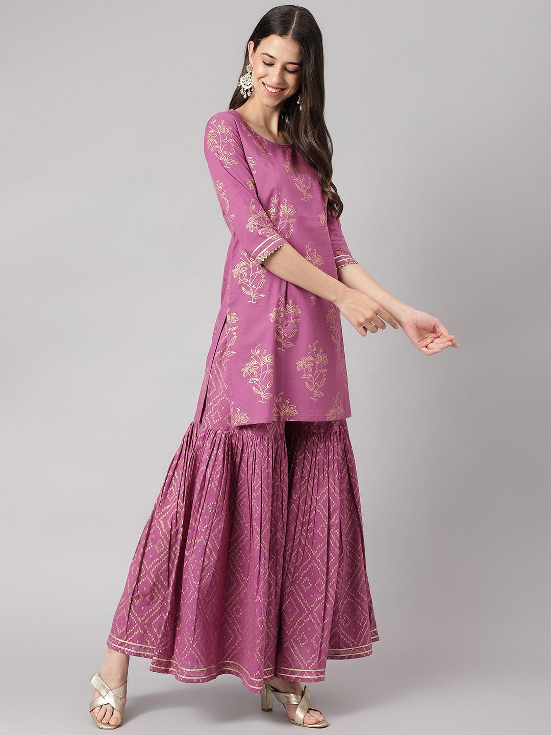 Purple Foil Print Cotton Sharara Set With Dupatta | LASVINI - Redefining Indian Fashion with Elegance