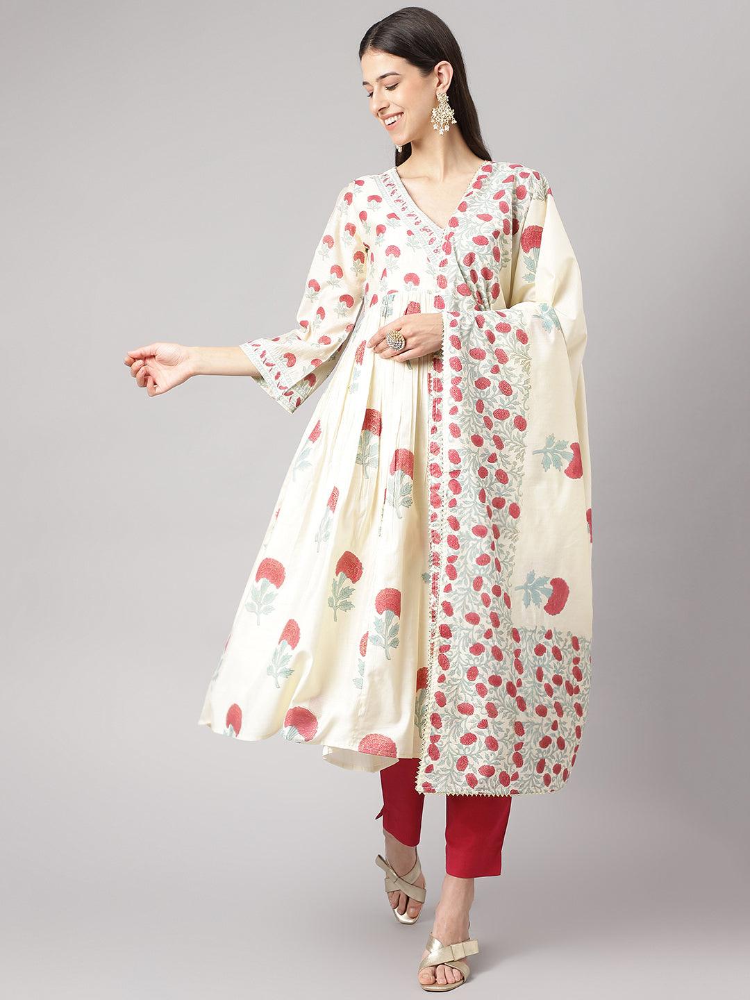 Cream Chanderi Floral Anarkali Kurta Pant Set With Dupatta | LASVINI - Redefining Indian Fashion with Elegance