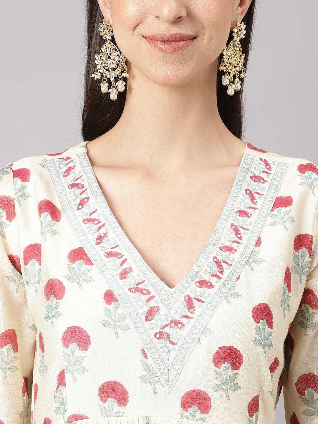 Cream Chanderi Floral Anarkali Kurta Pant Set With Dupatta | LASVINI - Redefining Indian Fashion with Elegance