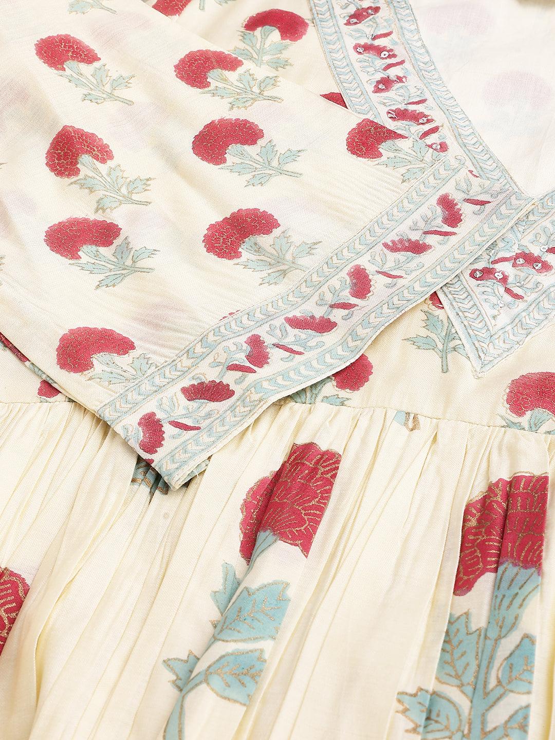 Cream Chanderi Floral Anarkali Kurta Pant Set With Dupatta | LASVINI - Redefining Indian Fashion with Elegance