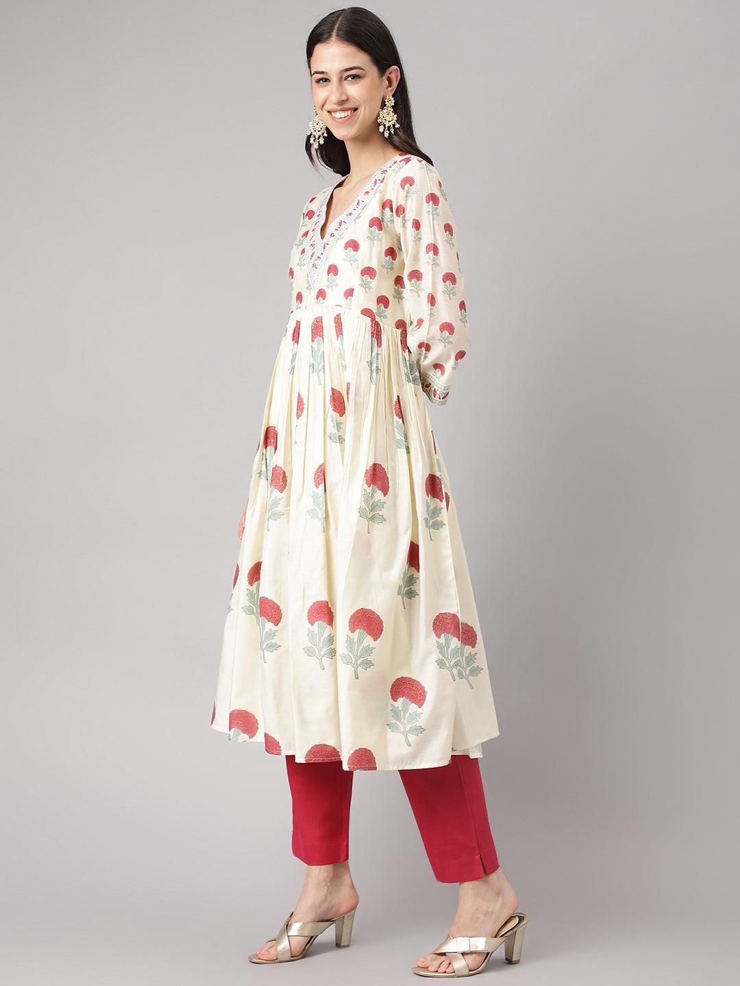 Cream Chanderi Floral Anarkali Kurta Pant Set With Dupatta | LASVINI - Redefining Indian Fashion with Elegance