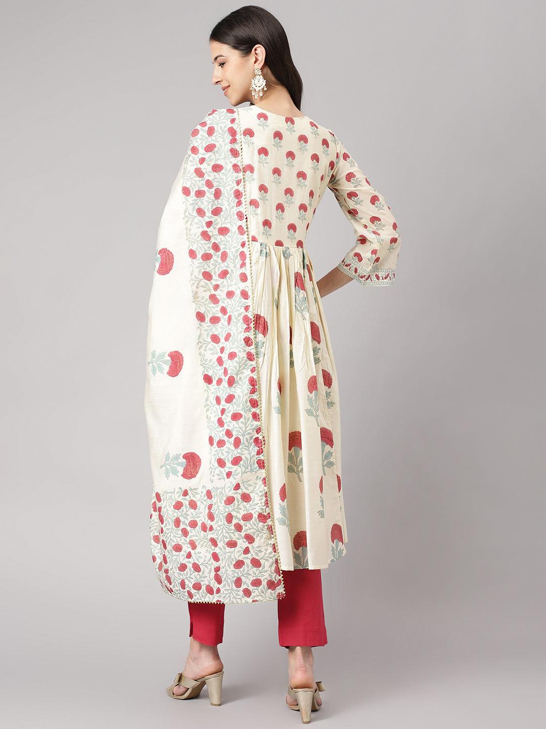 Cream Chanderi Floral Anarkali Kurta Pant Set With Dupatta | LASVINI - Redefining Indian Fashion with Elegance