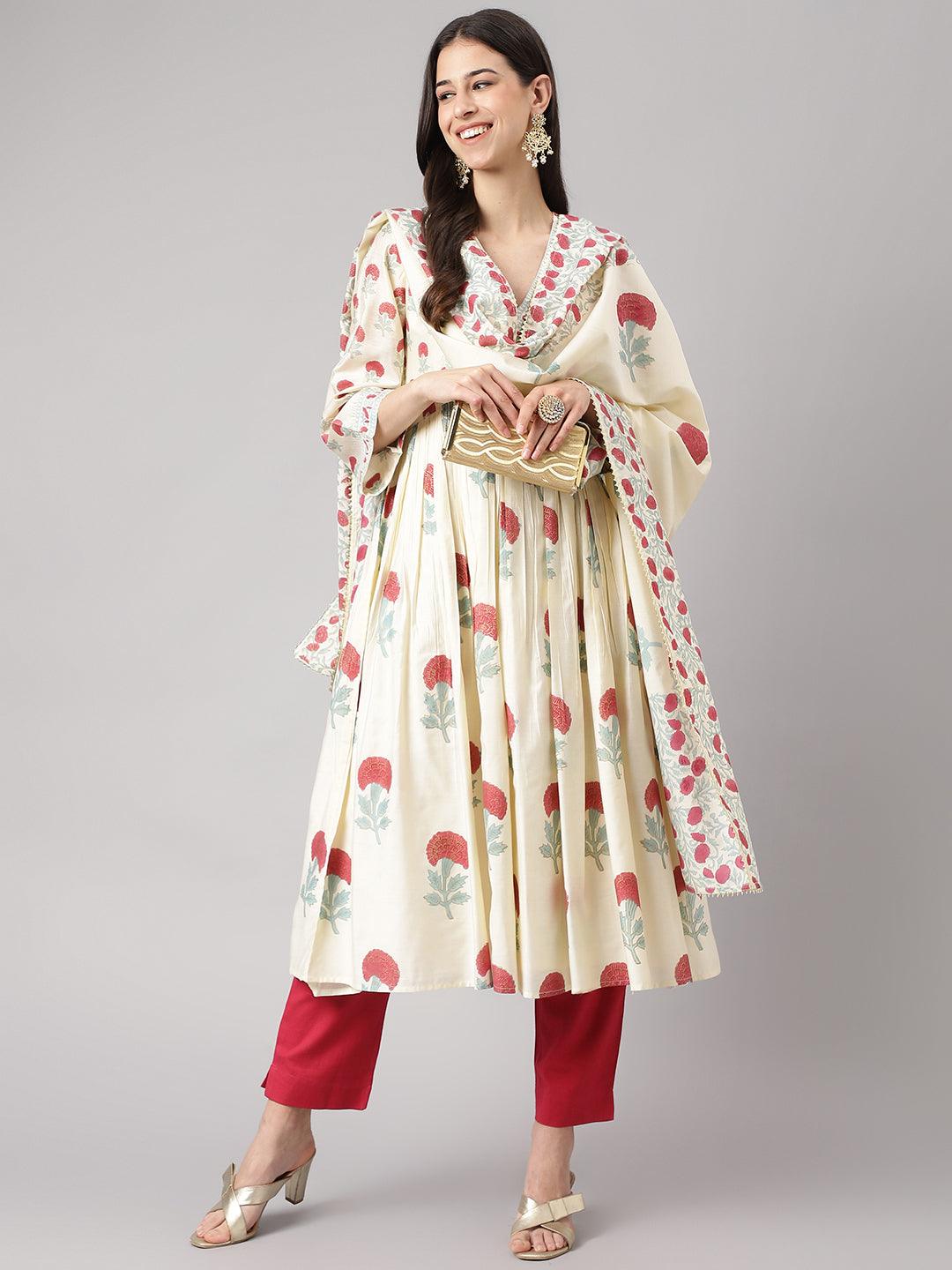 Cream Chanderi Floral Anarkali Kurta Pant Set With Dupatta | LASVINI - Redefining Indian Fashion with Elegance