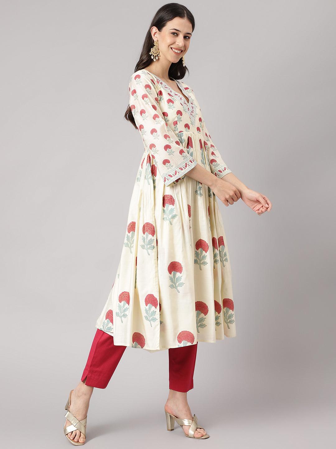Cream Chanderi Floral Anarkali Kurta Pant Set With Dupatta | LASVINI - Redefining Indian Fashion with Elegance