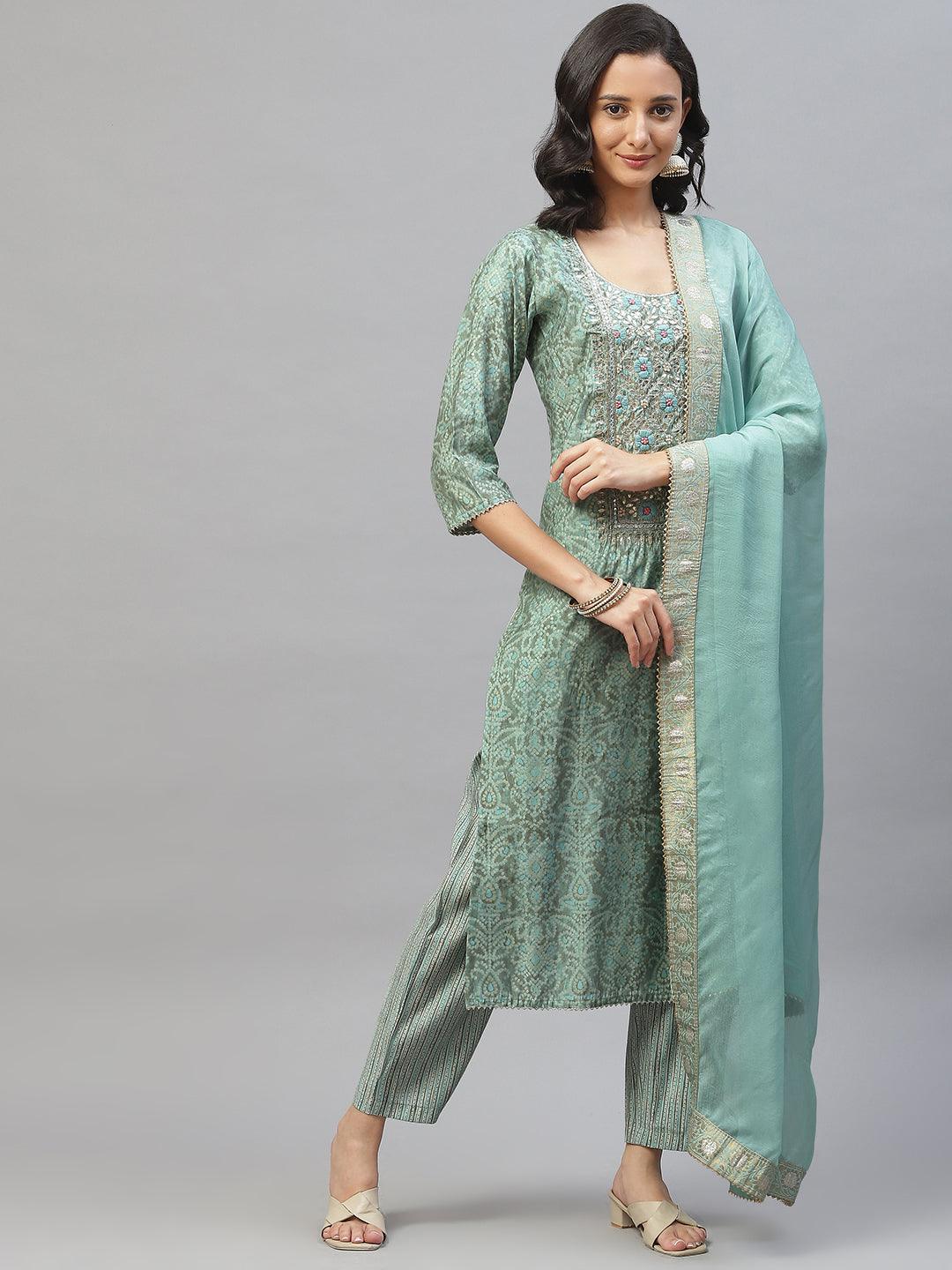 Blue Hand Work Bandhani Printed Muslin Kurta Pant Set With Dupatta | LASVINI - Redefining Indian Fashion with Elegance
