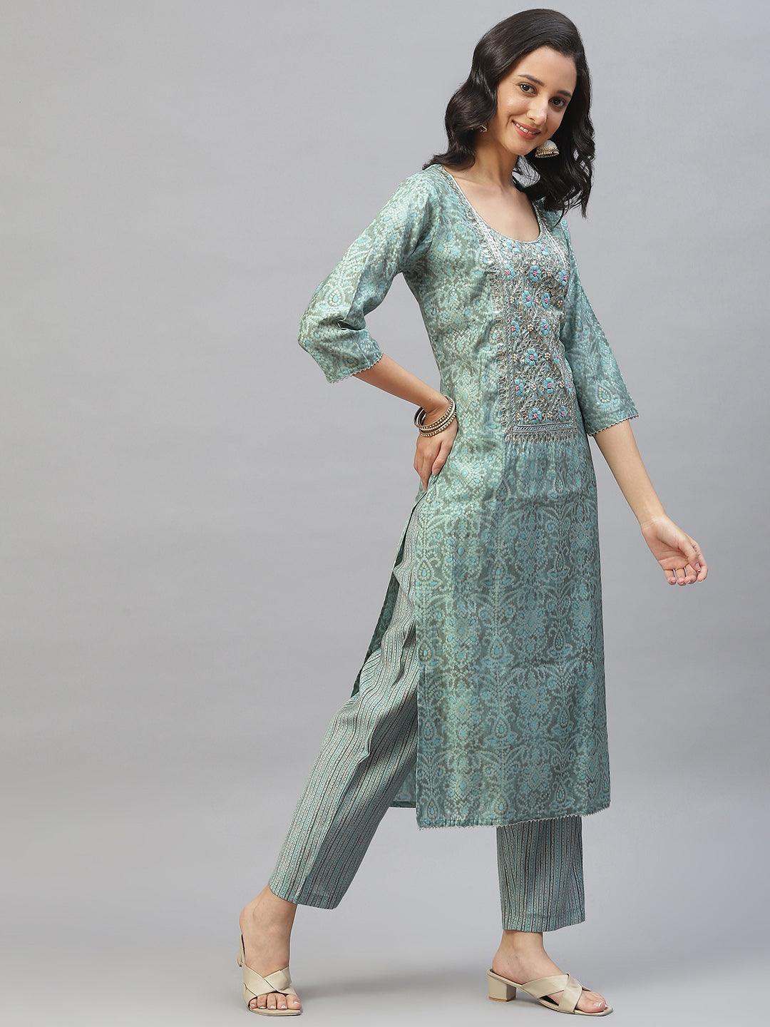 Blue Hand Work Bandhani Printed Muslin Kurta Pant Set With Dupatta | LASVINI - Redefining Indian Fashion with Elegance