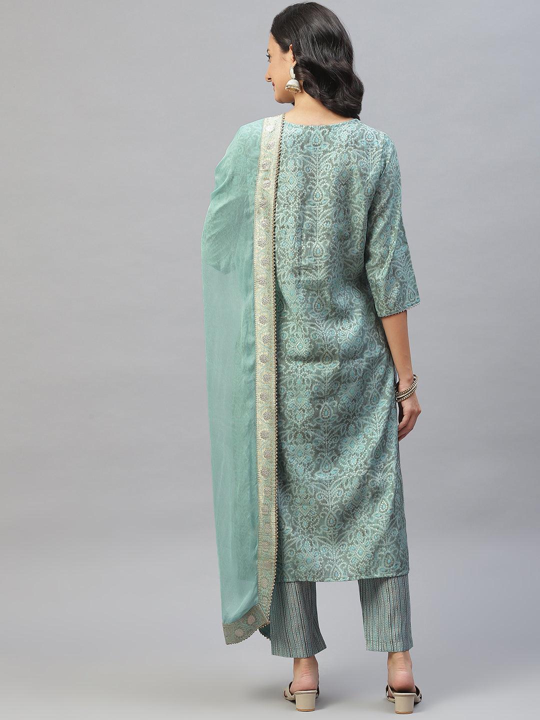 Blue Hand Work Bandhani Printed Muslin Kurta Pant Set With Dupatta | LASVINI - Redefining Indian Fashion with Elegance