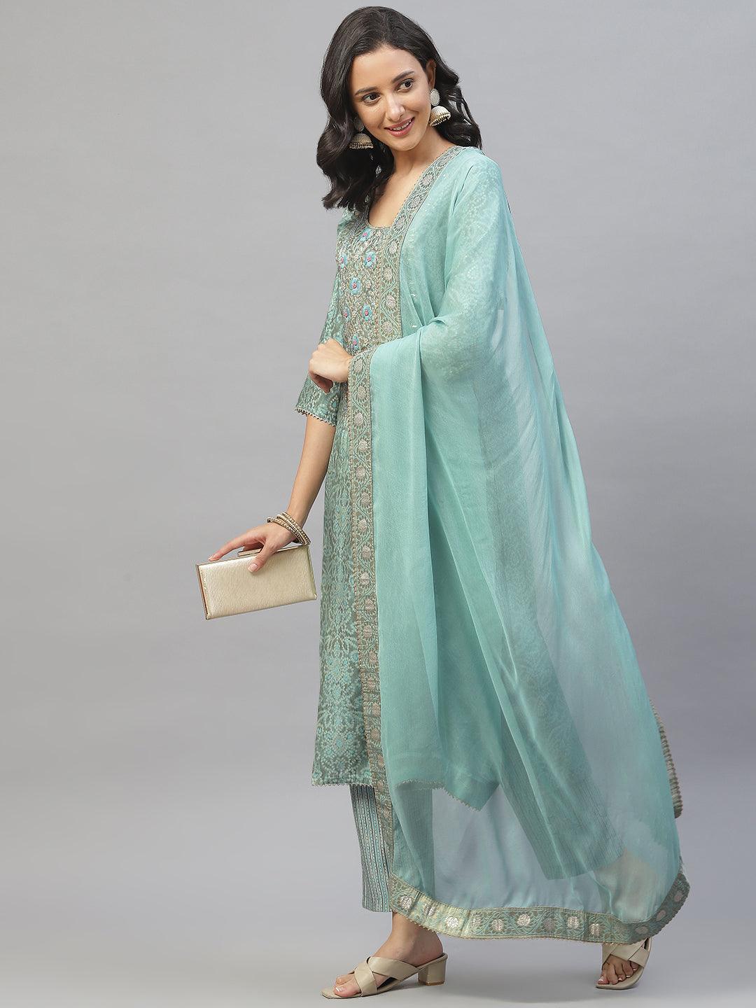 Blue Hand Work Bandhani Printed Muslin Kurta Pant Set With Dupatta | LASVINI - Redefining Indian Fashion with Elegance