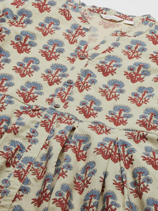 Beige Cotton A-Line Kurta Hem Cuffed Pant Set | LASVINI - Redefining Indian Fashion with Elegance