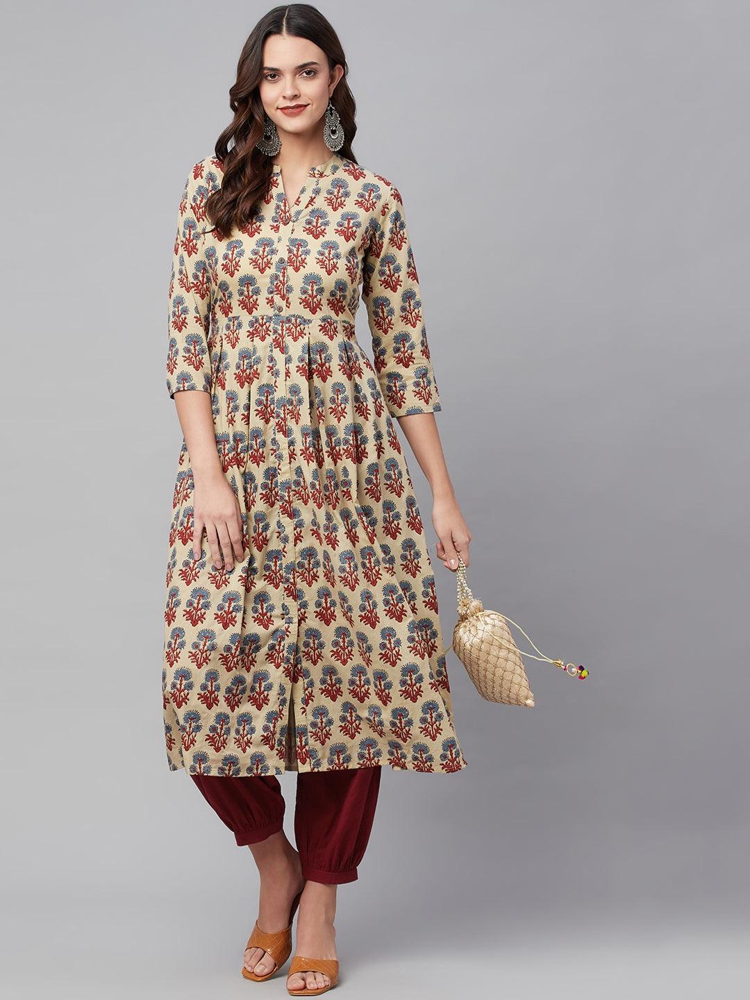 Beige Cotton A-Line Kurta Hem Cuffed Pant Set | LASVINI - Redefining Indian Fashion with Elegance