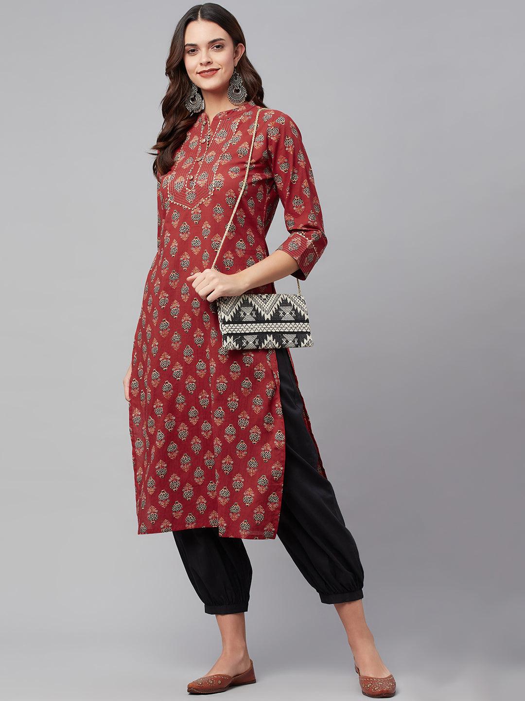 Red Ethnic Cotton Straight Kurta | LASVINI - Redefining Indian Fashion with Elegance