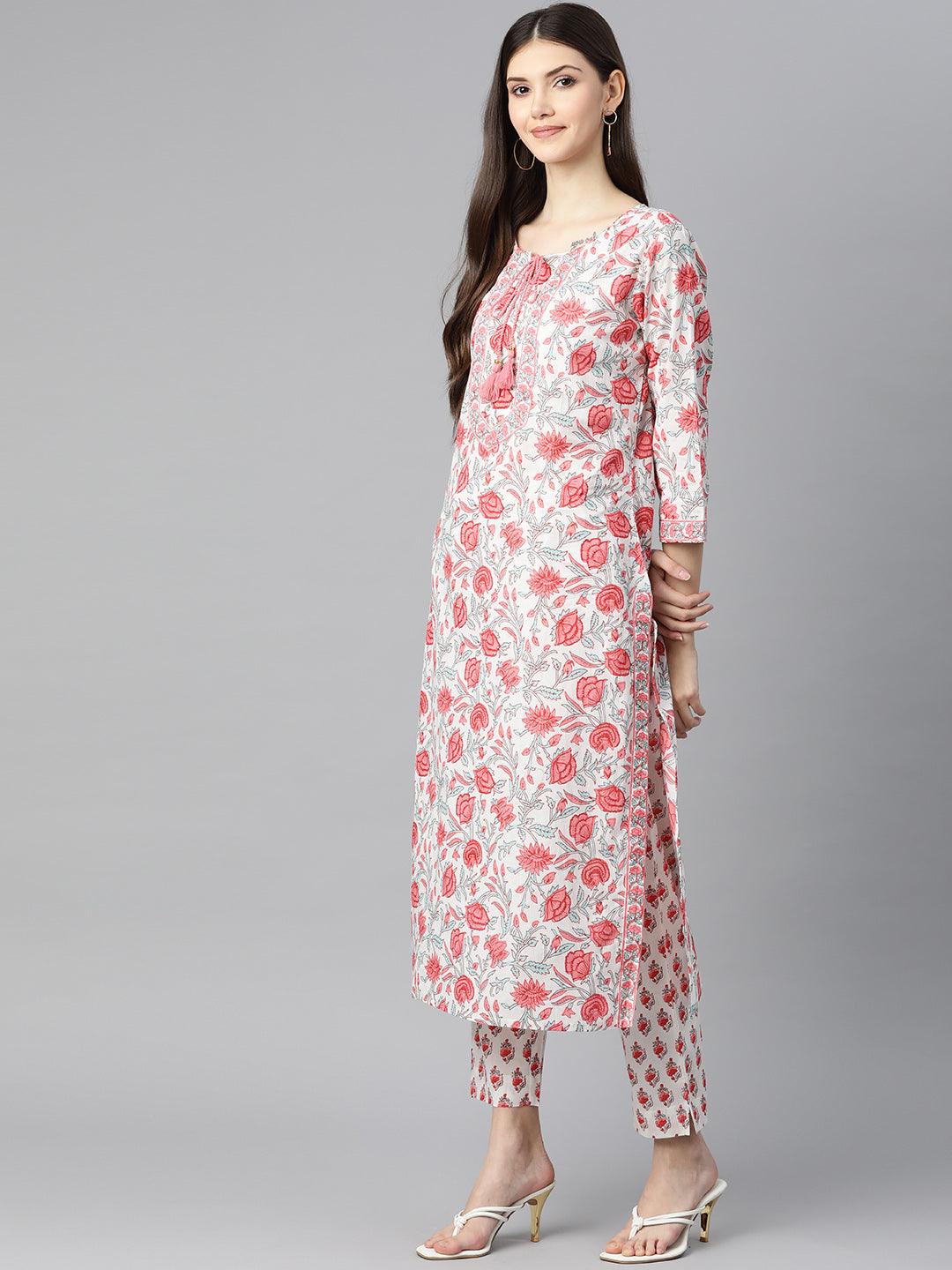 White Floral Printed Kurta Pant Set With Dupatta | LASVINI - Redefining Indian Fashion with Elegance