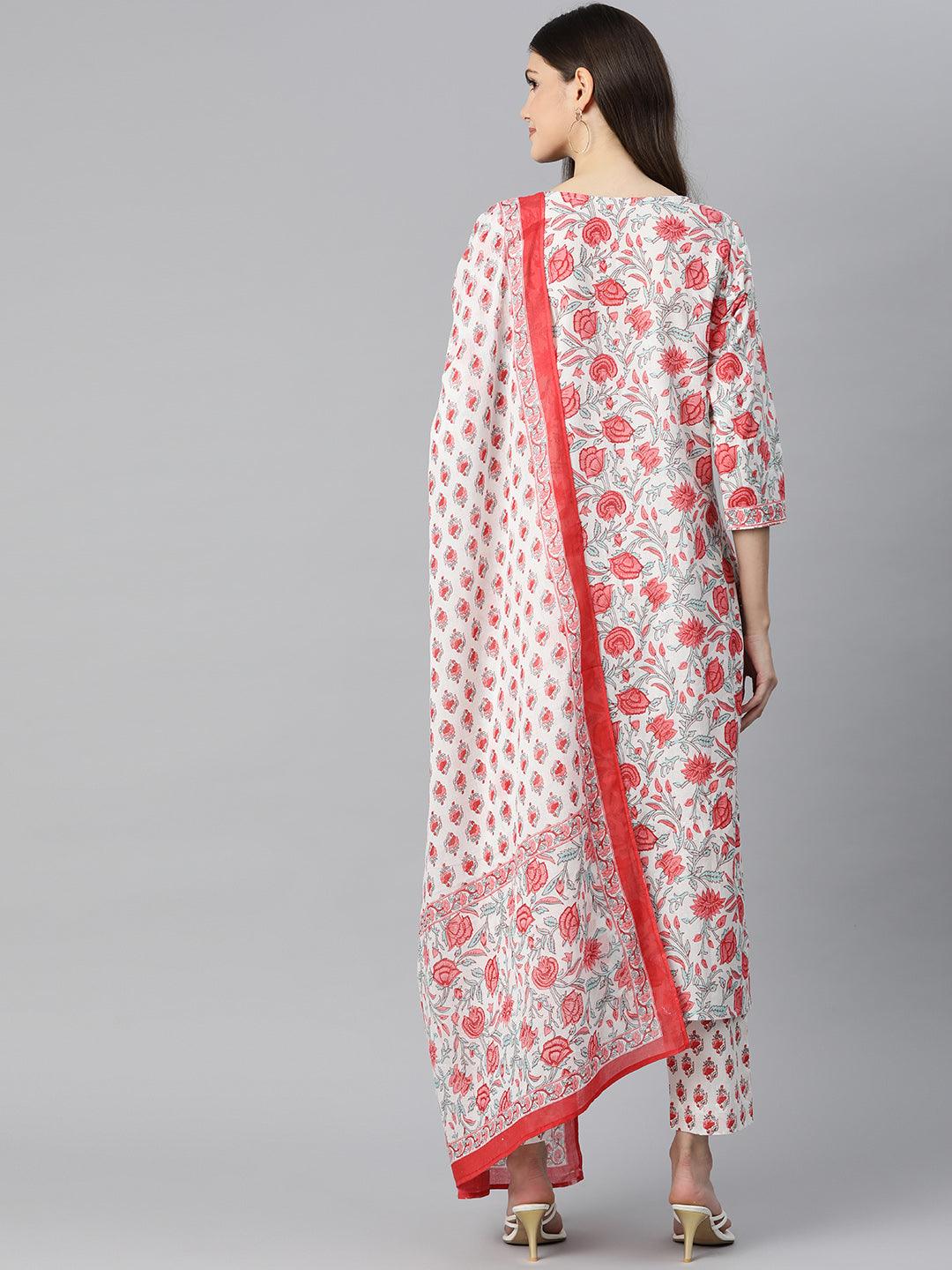 White Floral Printed Kurta Pant Set With Dupatta | LASVINI - Redefining Indian Fashion with Elegance