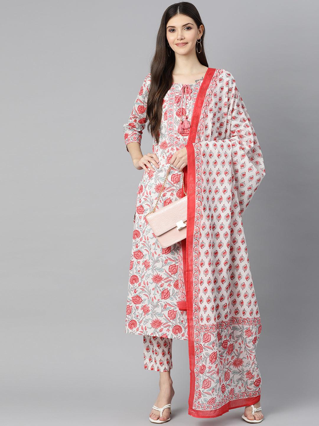 White Floral Printed Kurta Pant Set With Dupatta | LASVINI - Redefining Indian Fashion with Elegance