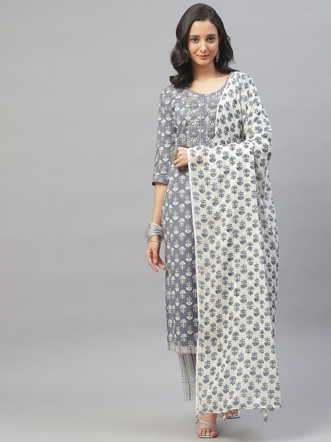 Grey And White Floral Printed Kurta Pant Set With Dupatta | LASVINI - Redefining Indian Fashion with Elegance