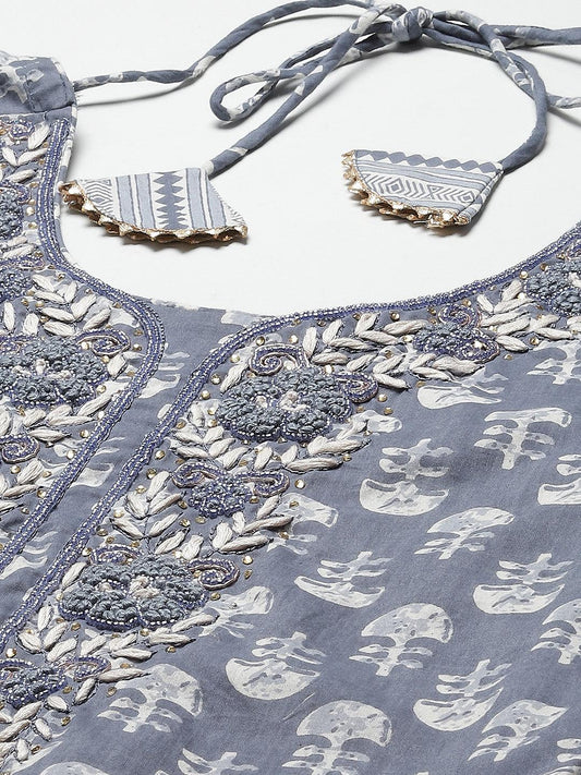 Grey And White Floral Printed Kurta Pant Set With Dupatta | LASVINI - Redefining Indian Fashion with Elegance